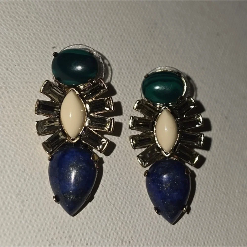 J‎ Crew Blue Green Cream Geometric Statement Drop Earrings Gold Baguette Crystal